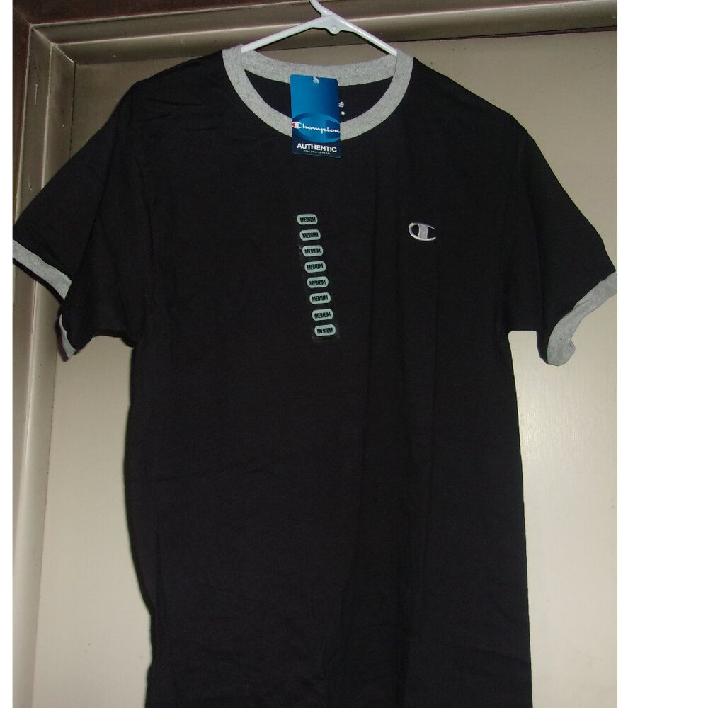 NEW WITH TAGS MENS MEDIUM CHAMPION T SHIRT BLACK , GRAY TRIMS